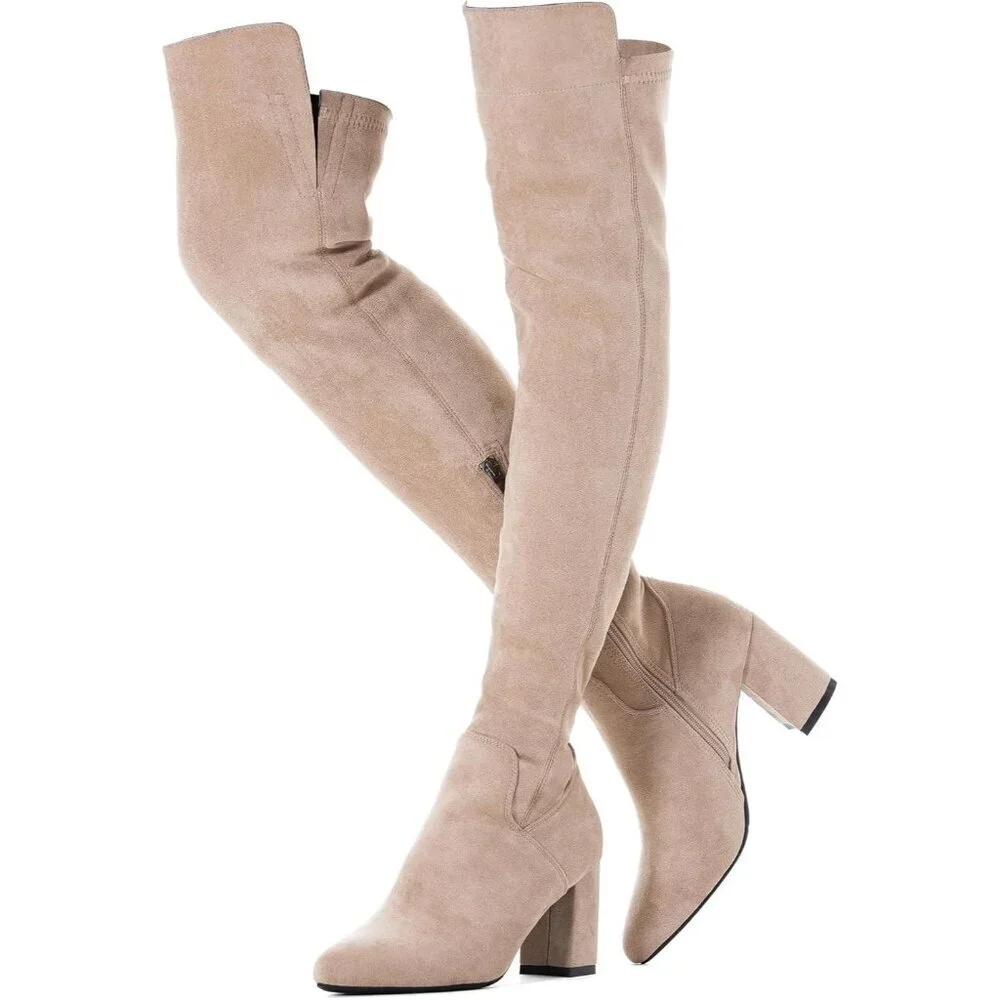 Women Beige\3inch Suede Over the Knee Thigh High Chunky Block Heel Winter Boots